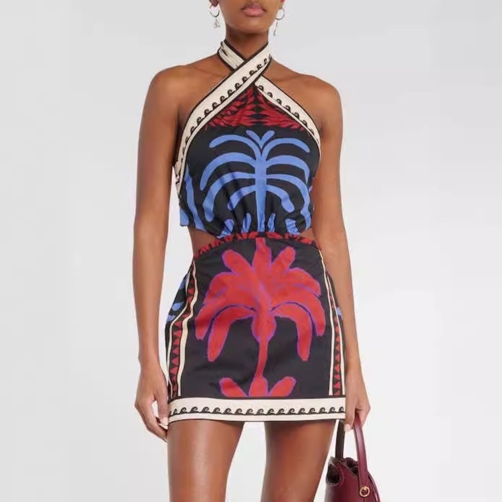 Zimmermann Boho Palm Halter Mini Dress - Red & Blue